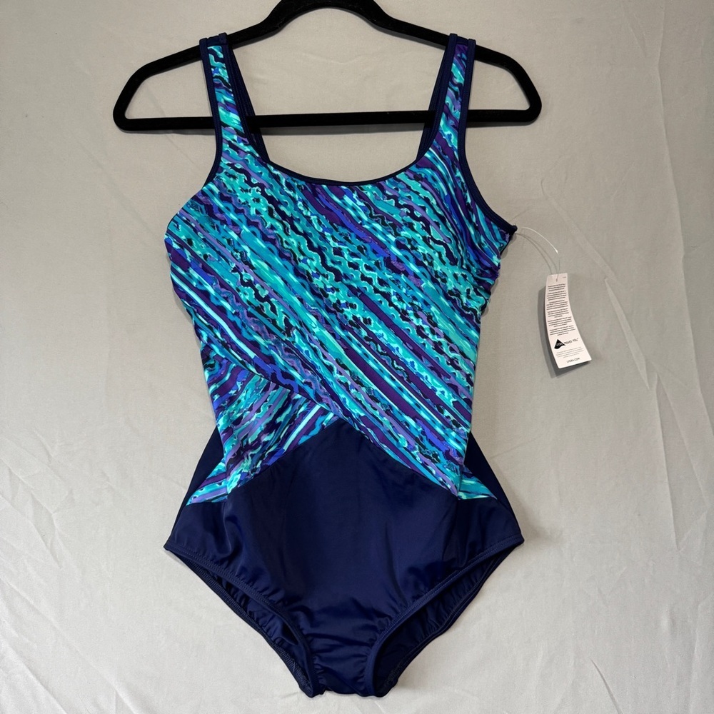 Lands End Womens One Piece Swimsuit 8 DD Blue Lycra Tropical Beach Summer NWT
